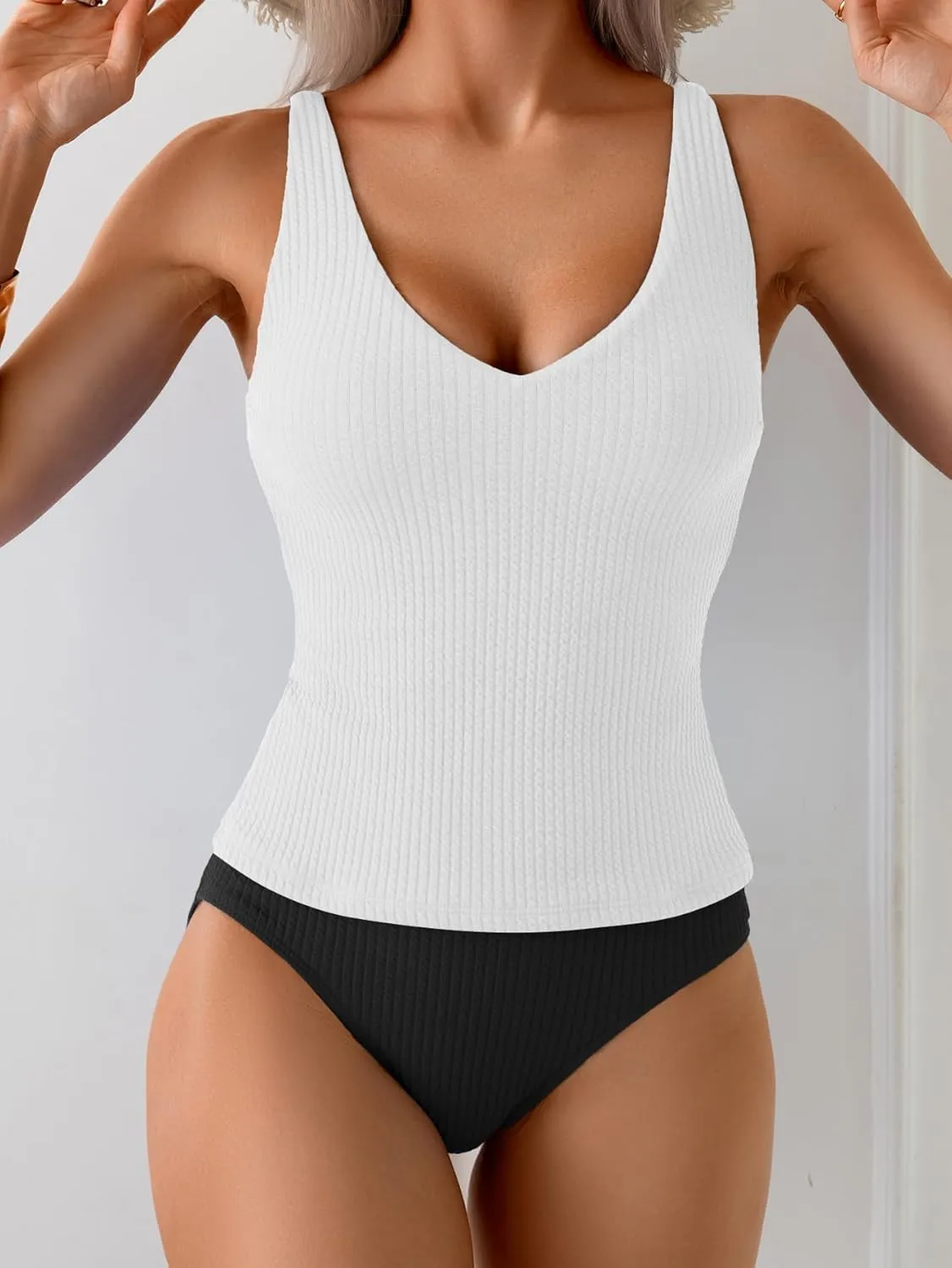 Eomenie Women's Tankini Swimsuits Ribbed Tummy Control Two Piece Bathing Suits Tie Back High Waisted Swimwear