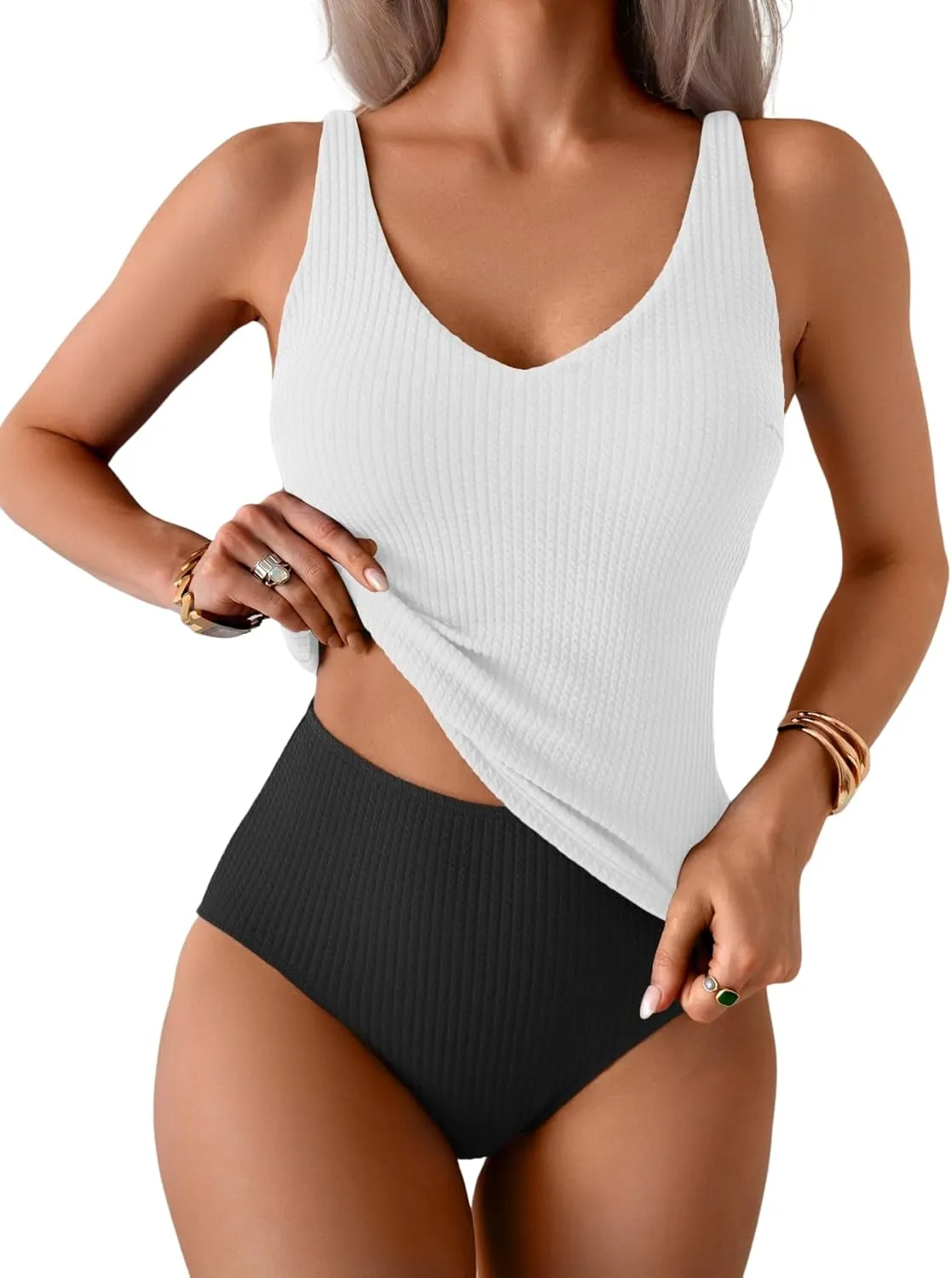 Eomenie Women's Tankini Swimsuits Ribbed Tummy Control Two Piece Bathing Suits Tie Back High Waisted Swimwear