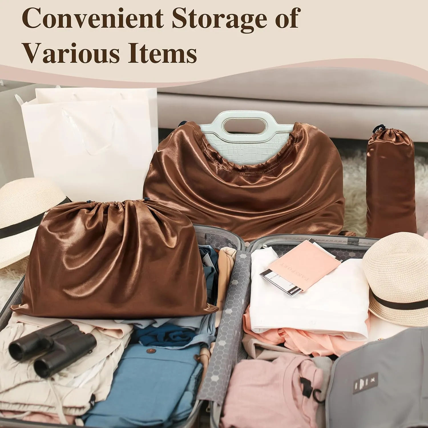Ersmak 6 Pack Dust Bags for Handbags - Brown Silk Dust Cover Bag for Purses Shoes - Satin Drawstring Dustproof Bags for Travel Storage - 19.7 x 15.7 In