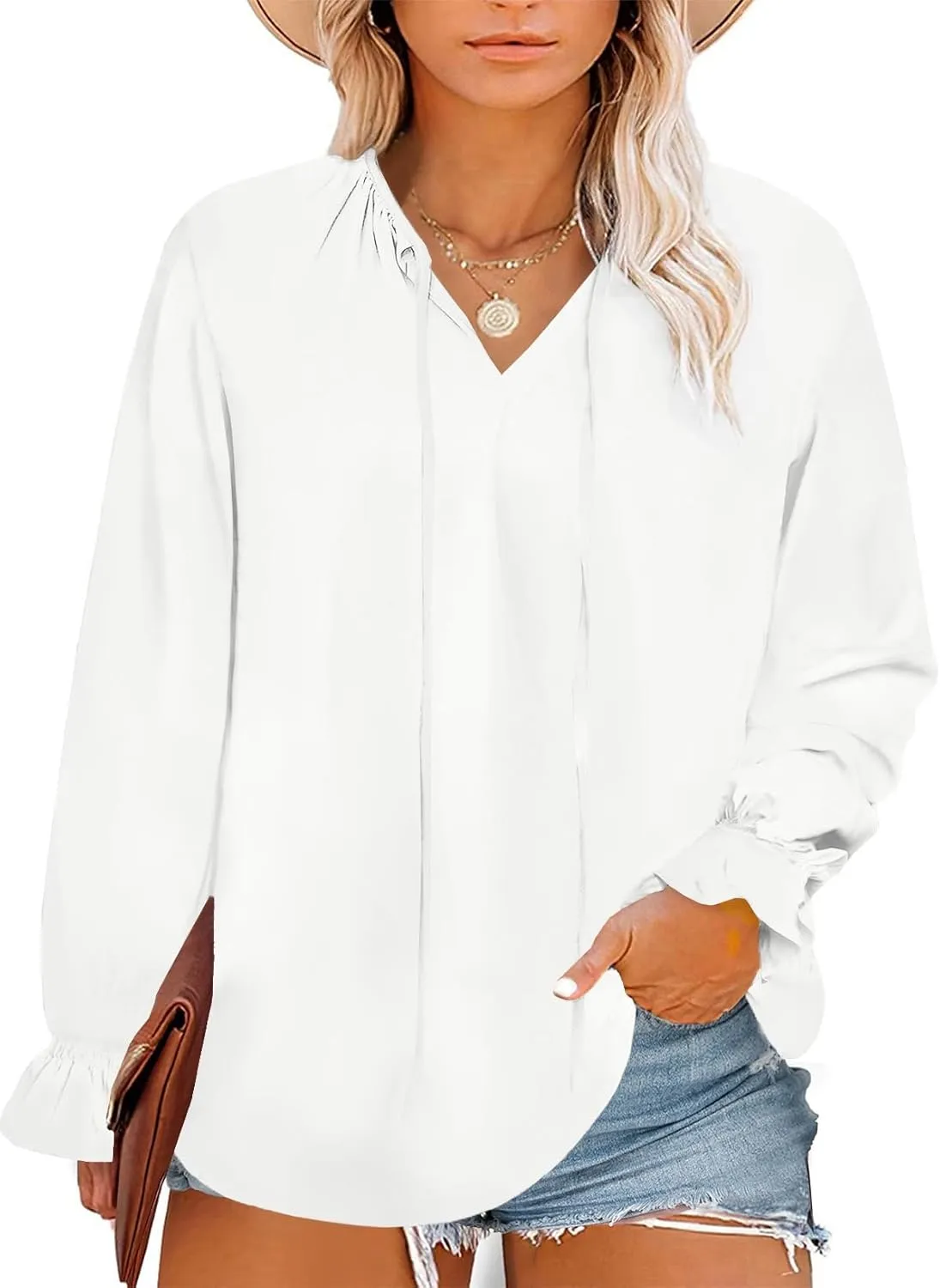 Eytino Plus Size Tops for Women Boho Floral Print V Neck Long Sleeve Drawstring Chiffon Blouses Shirts(1X-5X)
