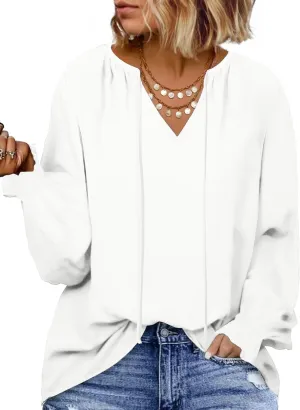 Eytino Plus Size Tops for Women Boho Floral Print V Neck Long Sleeve Drawstring Chiffon Blouses Shirts(1X-5X)