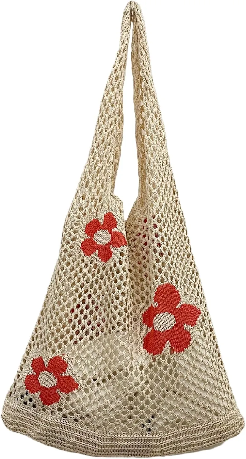 Fairycore Flower Hollow Crochet Tote Bag Big Capacity Shopping Shoulder Bags Women Y2K Aesthetic Cutecore Accessories