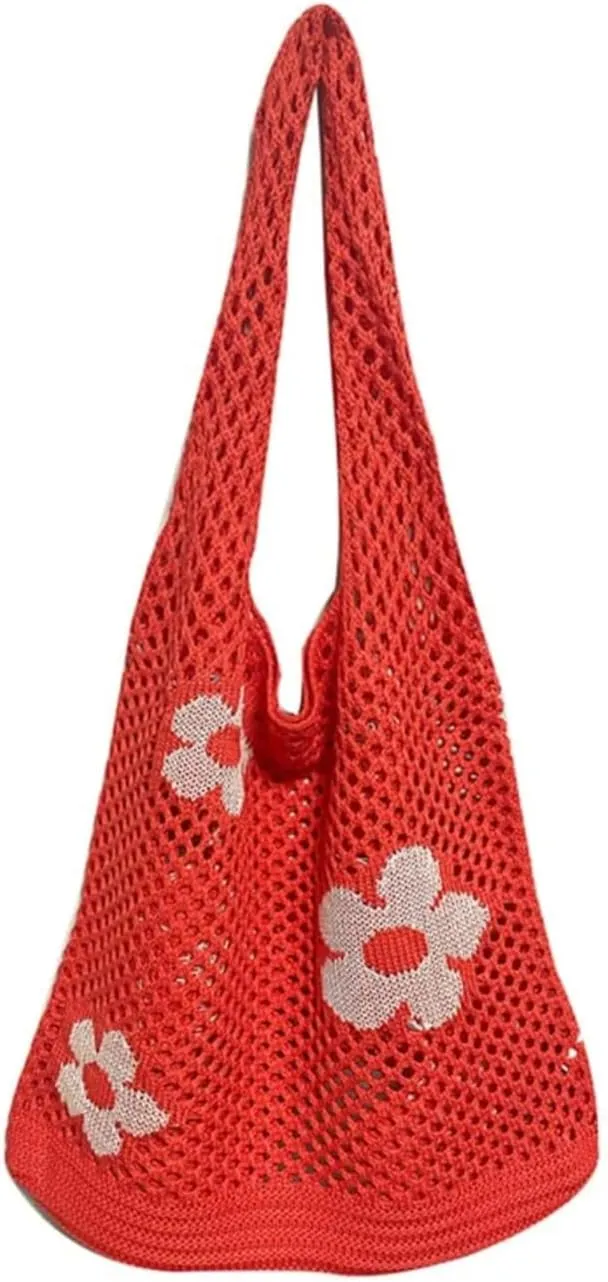 Fairycore Flower Hollow Crochet Tote Bag Big Capacity Shopping Shoulder Bags Women Y2K Aesthetic Cutecore Accessories