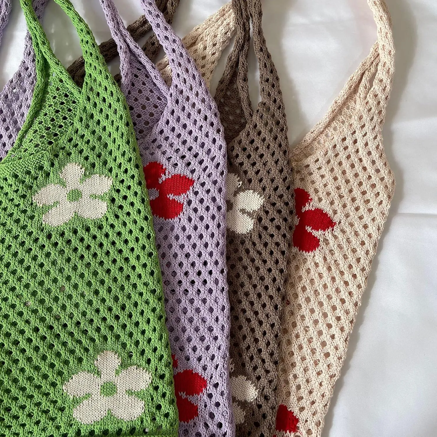 Fairycore Flower Hollow Crochet Tote Bag Big Capacity Shopping Shoulder Bags Women Y2K Aesthetic Cutecore Accessories