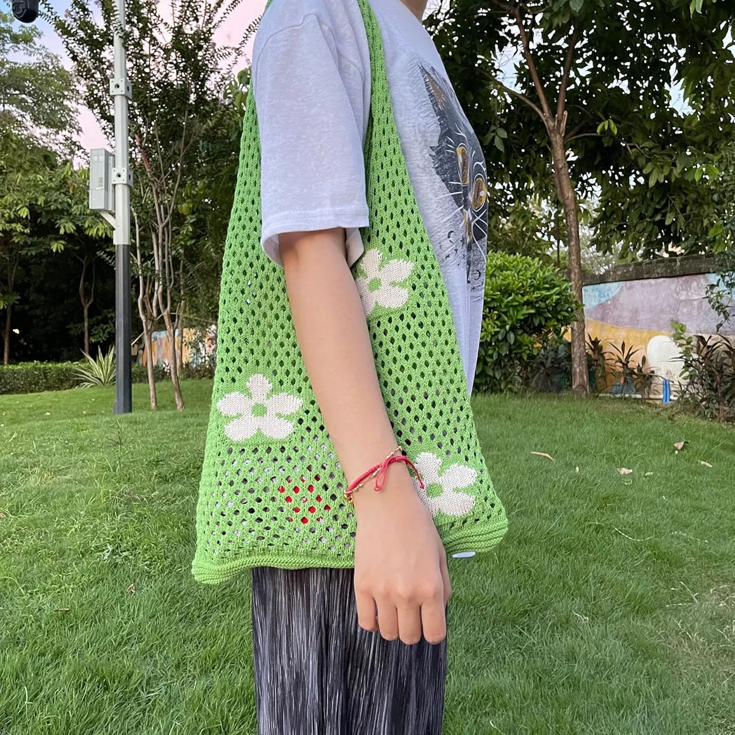Fairycore Flower Hollow Crochet Tote Bag Big Capacity Shopping Shoulder Bags Women Y2K Aesthetic Cutecore Accessories