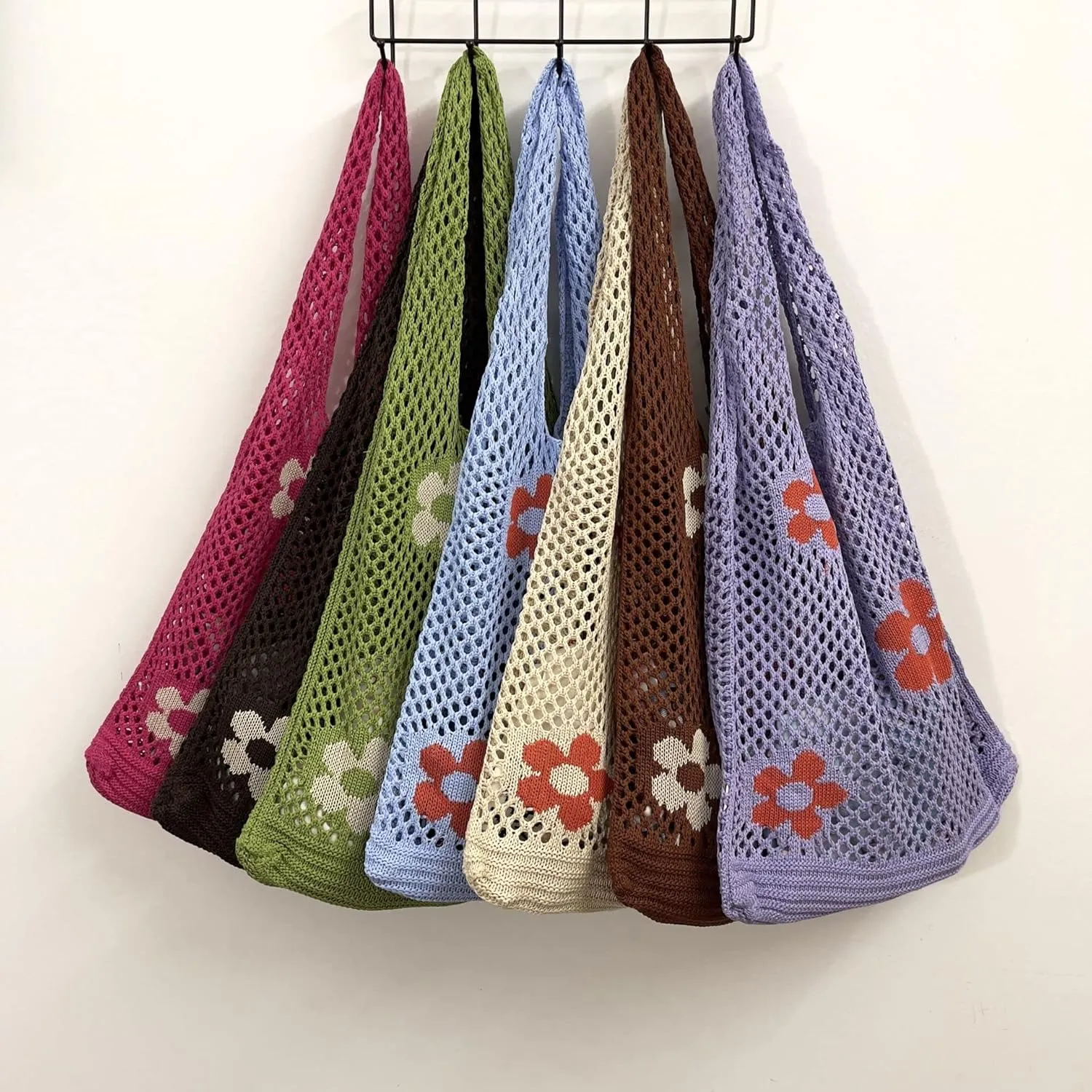 Fairycore Flower Hollow Crochet Tote Bag Big Capacity Shopping Shoulder Bags Women Y2K Aesthetic Cutecore Accessories