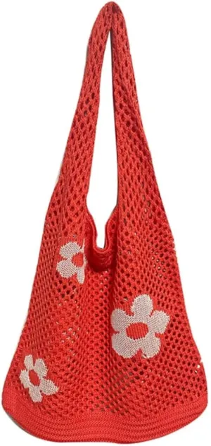 Fairycore Flower Hollow Crochet Tote Bag Big Capacity Shopping Shoulder Bags Women Y2K Aesthetic Cutecore Accessories
