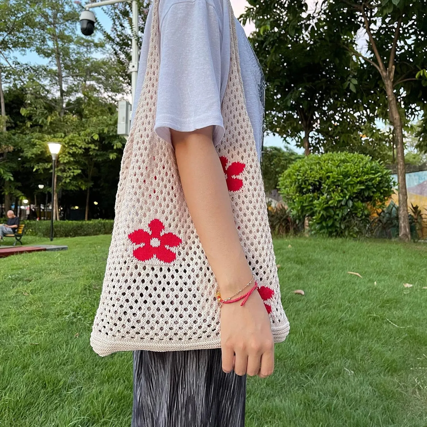 Fairycore Flower Hollow Crochet Tote Bag Big Capacity Shopping Shoulder Bags Women Y2K Aesthetic Cutecore Accessories