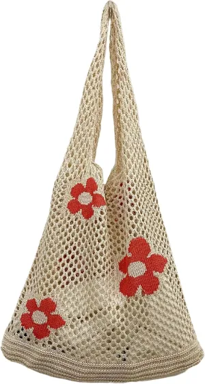Fairycore Flower Hollow Crochet Tote Bag Big Capacity Shopping Shoulder Bags Women Y2K Aesthetic Cutecore Accessories