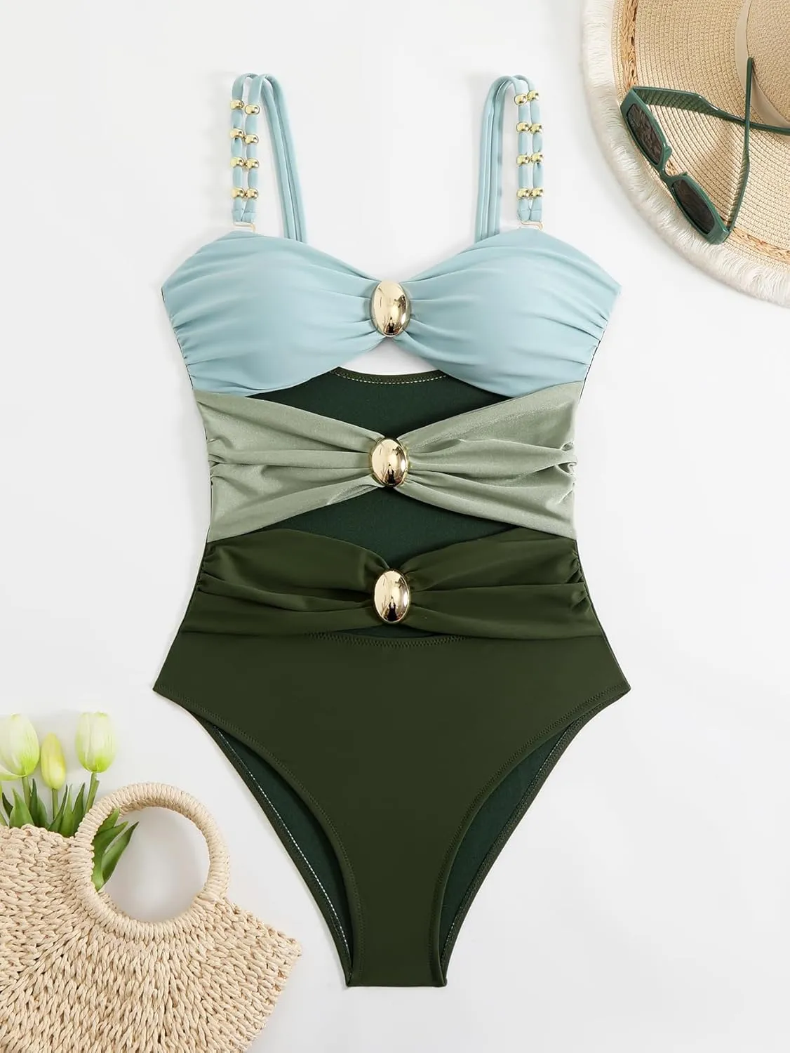 Fanuerg Women's One Piece Swimsuit Sexy Cutout Color Block Bathing Suit Golden O Ring Linked Swimwear