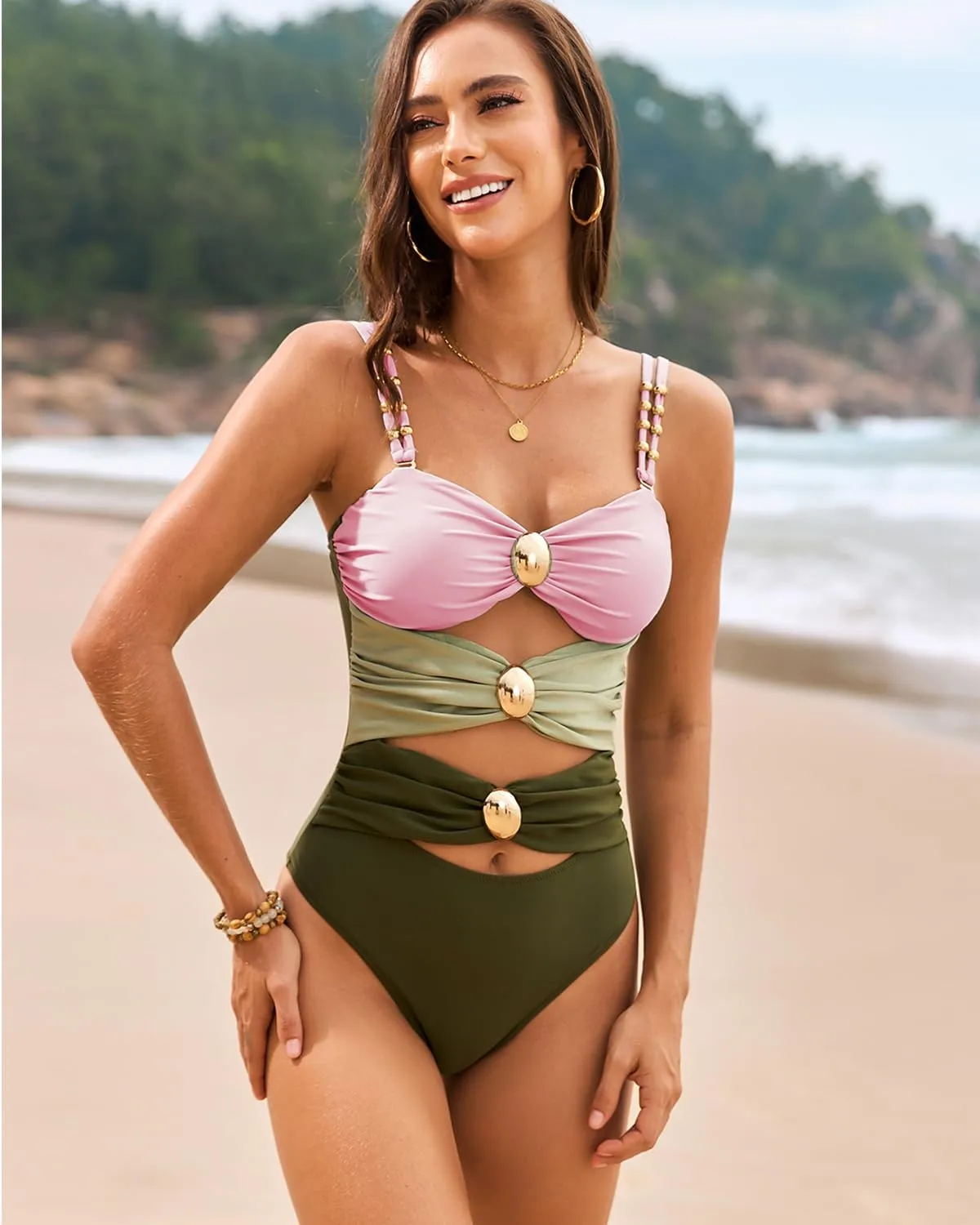 Fanuerg Women's One Piece Swimsuit Sexy Cutout Color Block Bathing Suit Golden O Ring Linked Swimwear