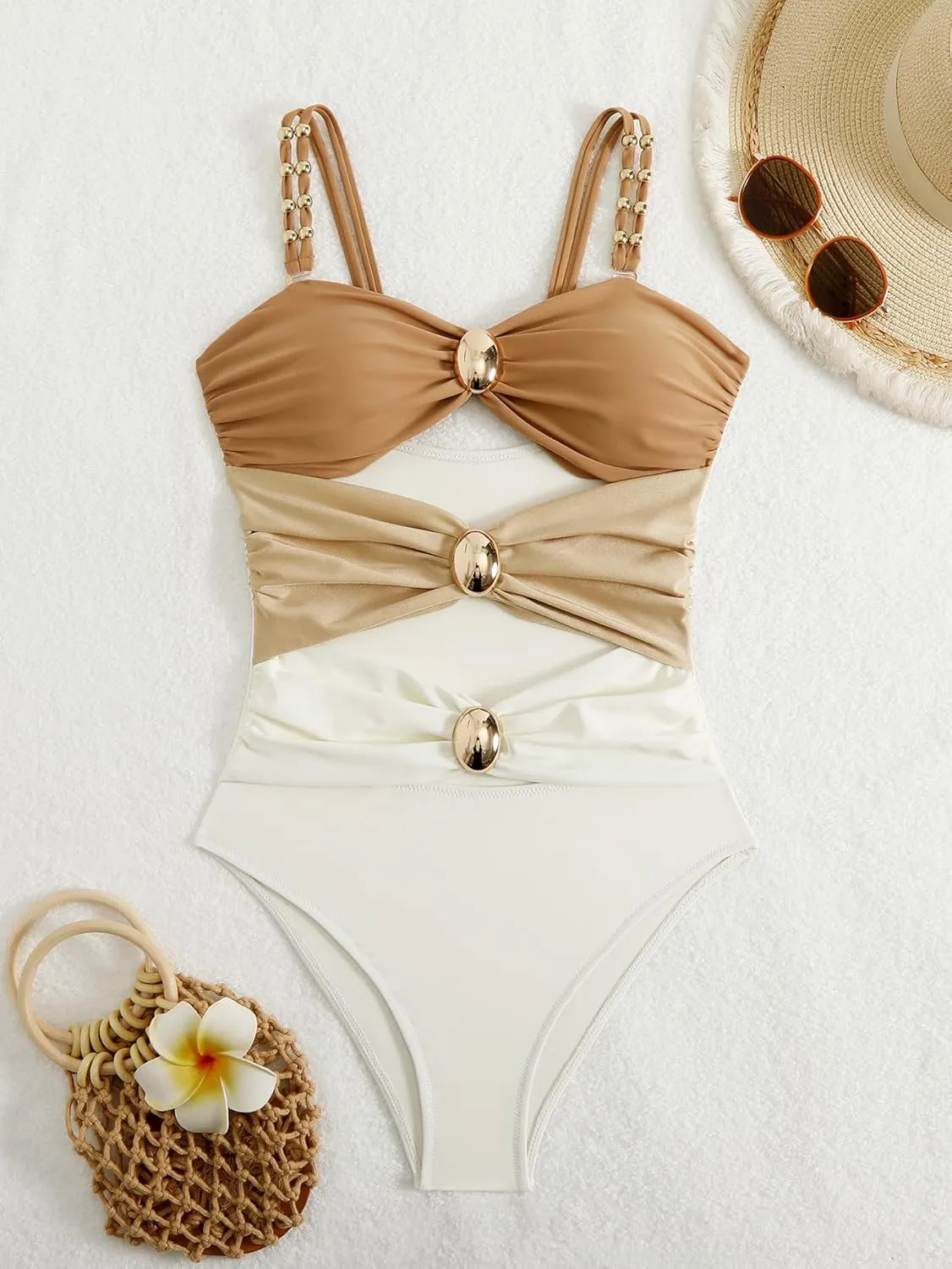 Fanuerg Women's One Piece Swimsuit Sexy Cutout Color Block Bathing Suit Golden O Ring Linked Swimwear