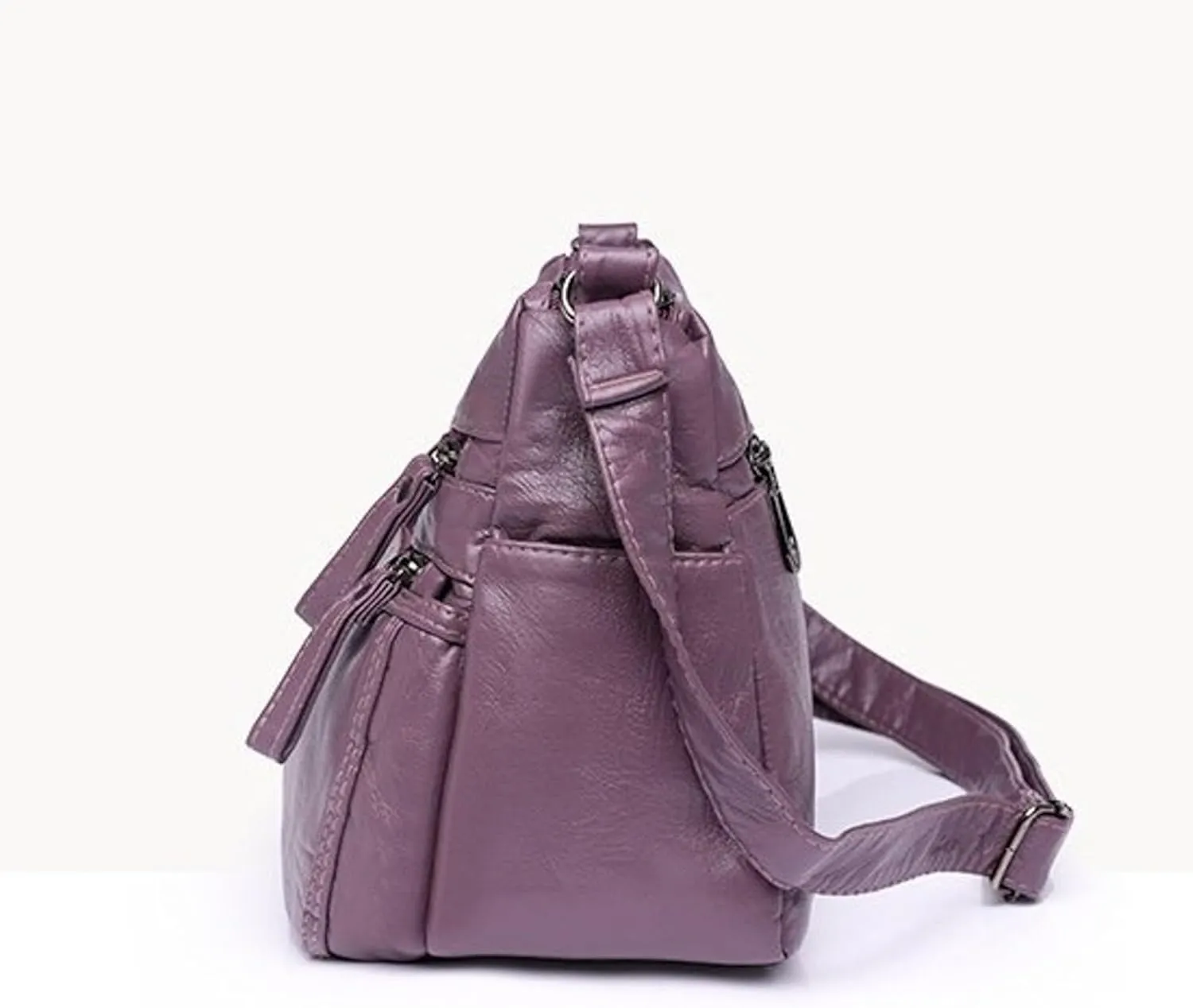 Fashion Casual Women's Retro Soft Leather Zipper Double Pocket Shoulder Messenger Bags Rustic (Purple, One Size)