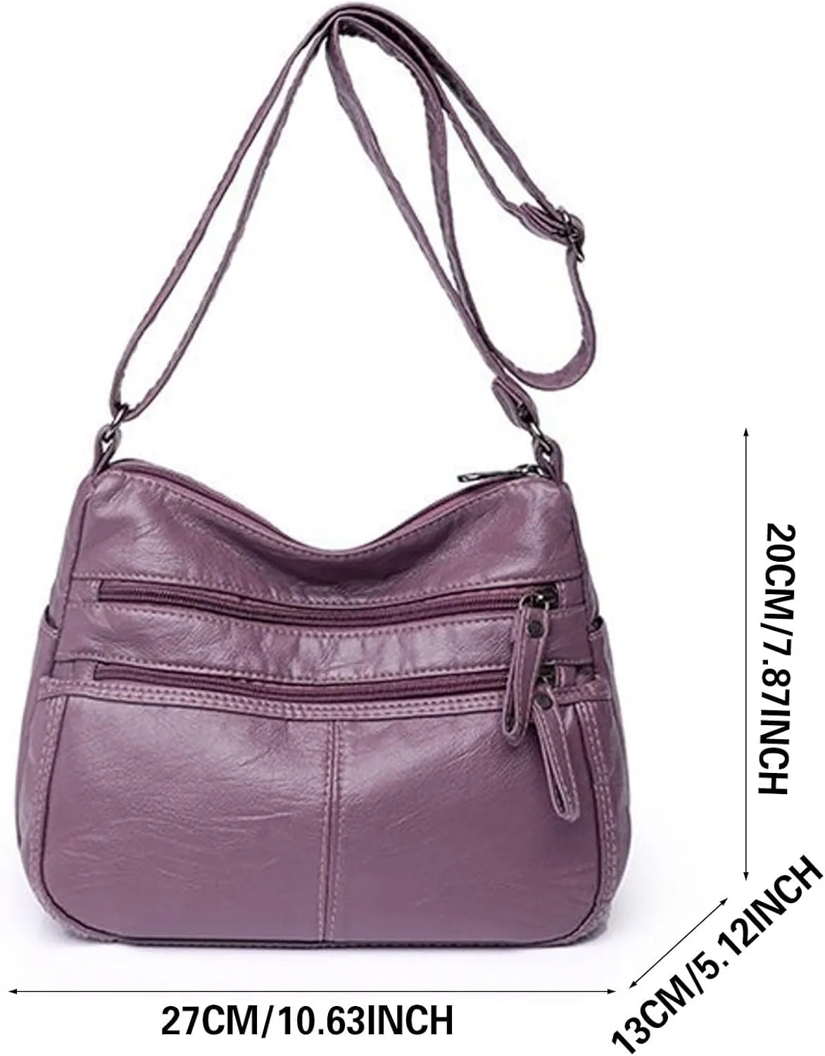 Fashion Casual Women's Retro Soft Leather Zipper Double Pocket Shoulder Messenger Bags Rustic (Purple, One Size)