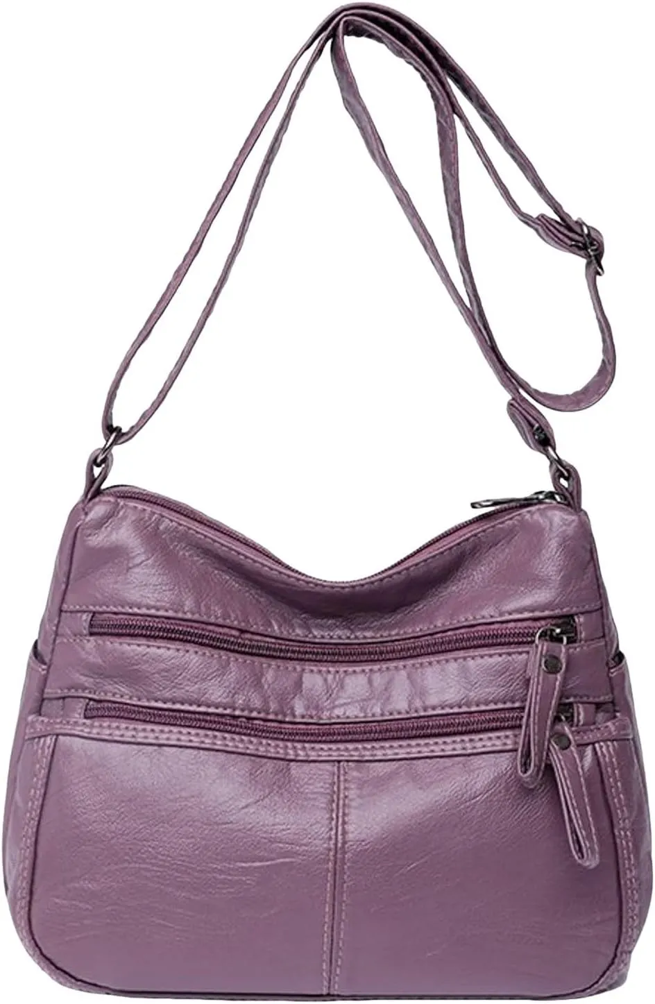 Fashion Casual Women's Retro Soft Leather Zipper Double Pocket Shoulder Messenger Bags Rustic (Purple, One Size)