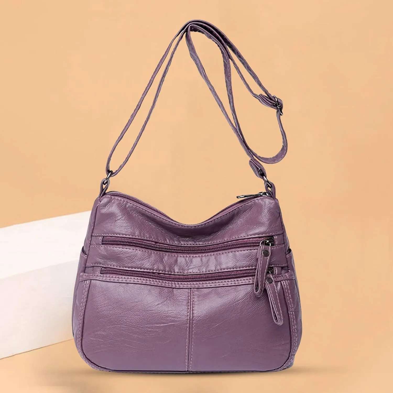 Fashion Casual Women's Retro Soft Leather Zipper Double Pocket Shoulder Messenger Bags Rustic (Purple, One Size)