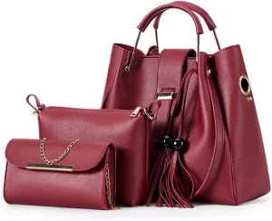 Fashion Women Bucket Handbag Large Capacity PU Leather Shoulder Bag Female Wild 3 Pcs Set Retro Tote Tassel