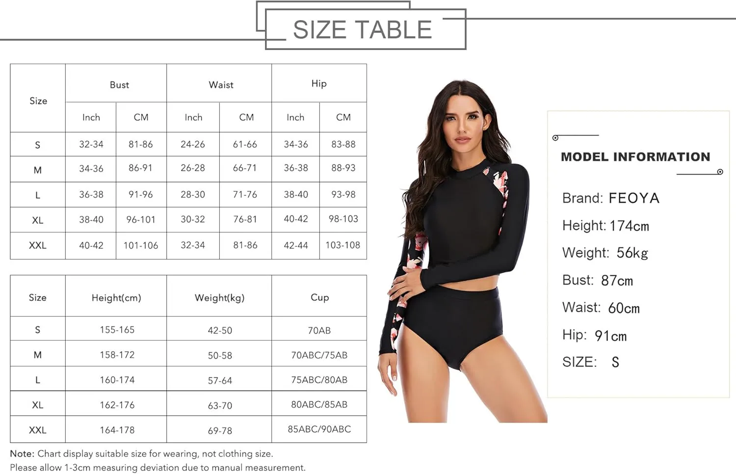 FEOYA Women Long Sleeve Swimsuit UV Sun Protection Rash Guard Two Piece Printed Surfing Swim Bathing Suit