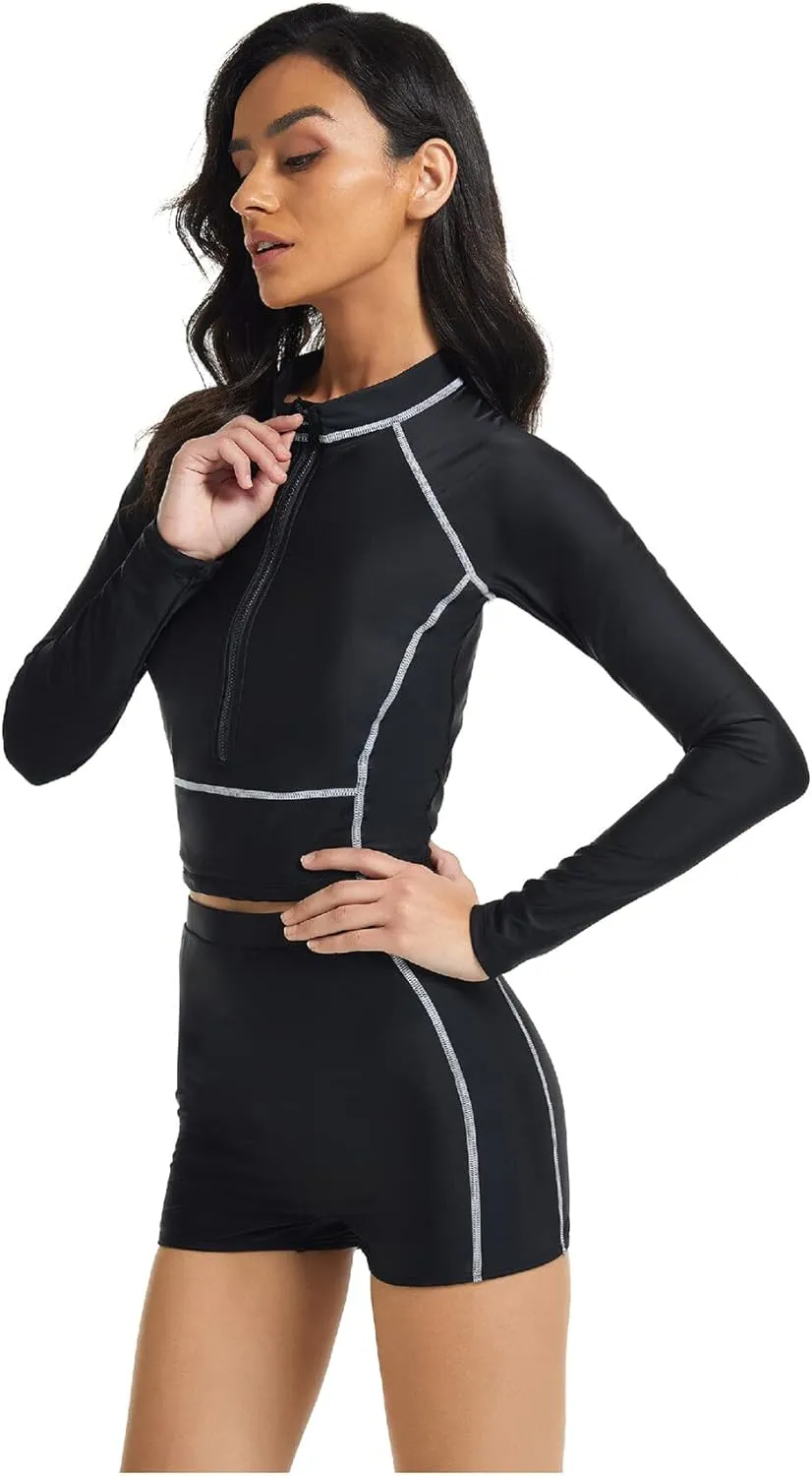 FEOYA Women Long Sleeve Swimsuit UV Sun Protection Rash Guard Two Piece Printed Surfing Swim Bathing Suit