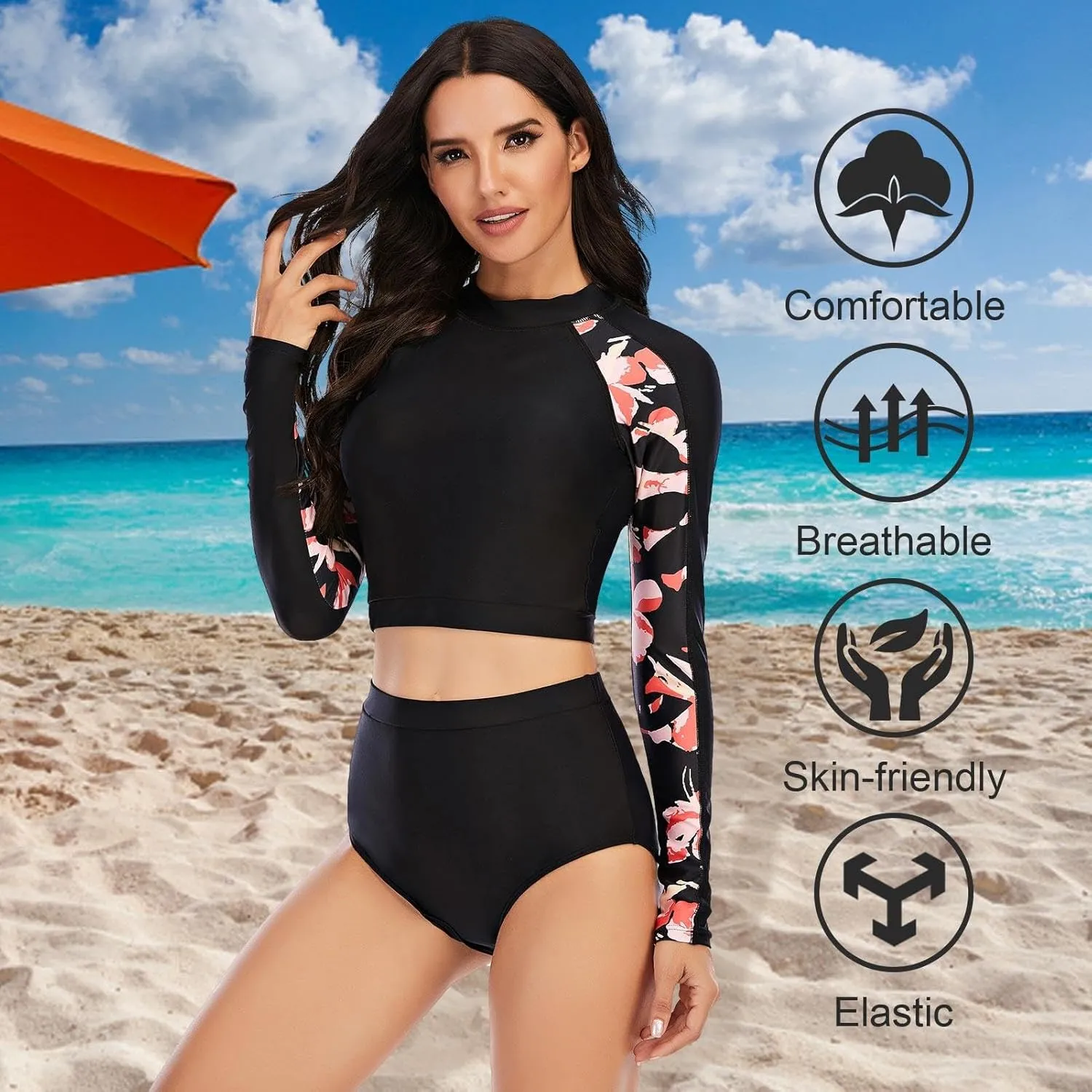 FEOYA Women Long Sleeve Swimsuit UV Sun Protection Rash Guard Two Piece Printed Surfing Swim Bathing Suit