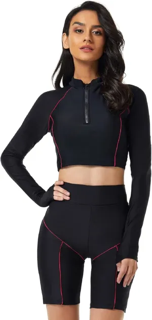 FEOYA Women Long Sleeve Swimsuit UV Sun Protection Rash Guard Two Piece Printed Surfing Swim Bathing Suit