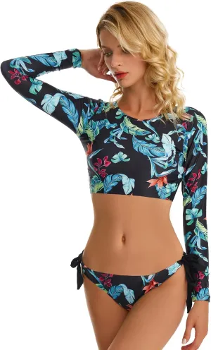 FEOYA Women Long Sleeve Swimsuit UV Sun Protection Rash Guard Two Piece Printed Surfing Swim Bathing Suit