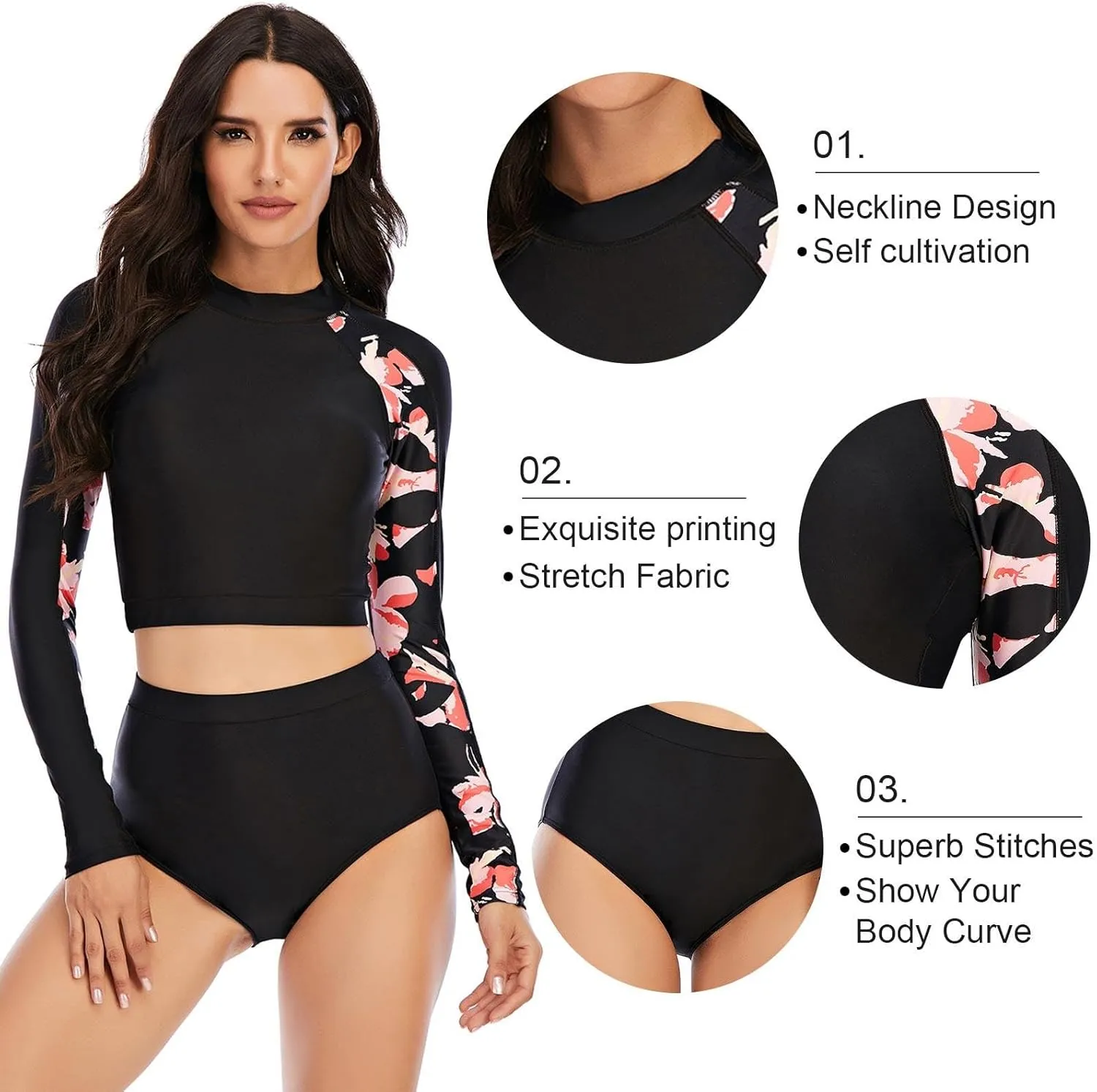 FEOYA Women Long Sleeve Swimsuit UV Sun Protection Rash Guard Two Piece Printed Surfing Swim Bathing Suit