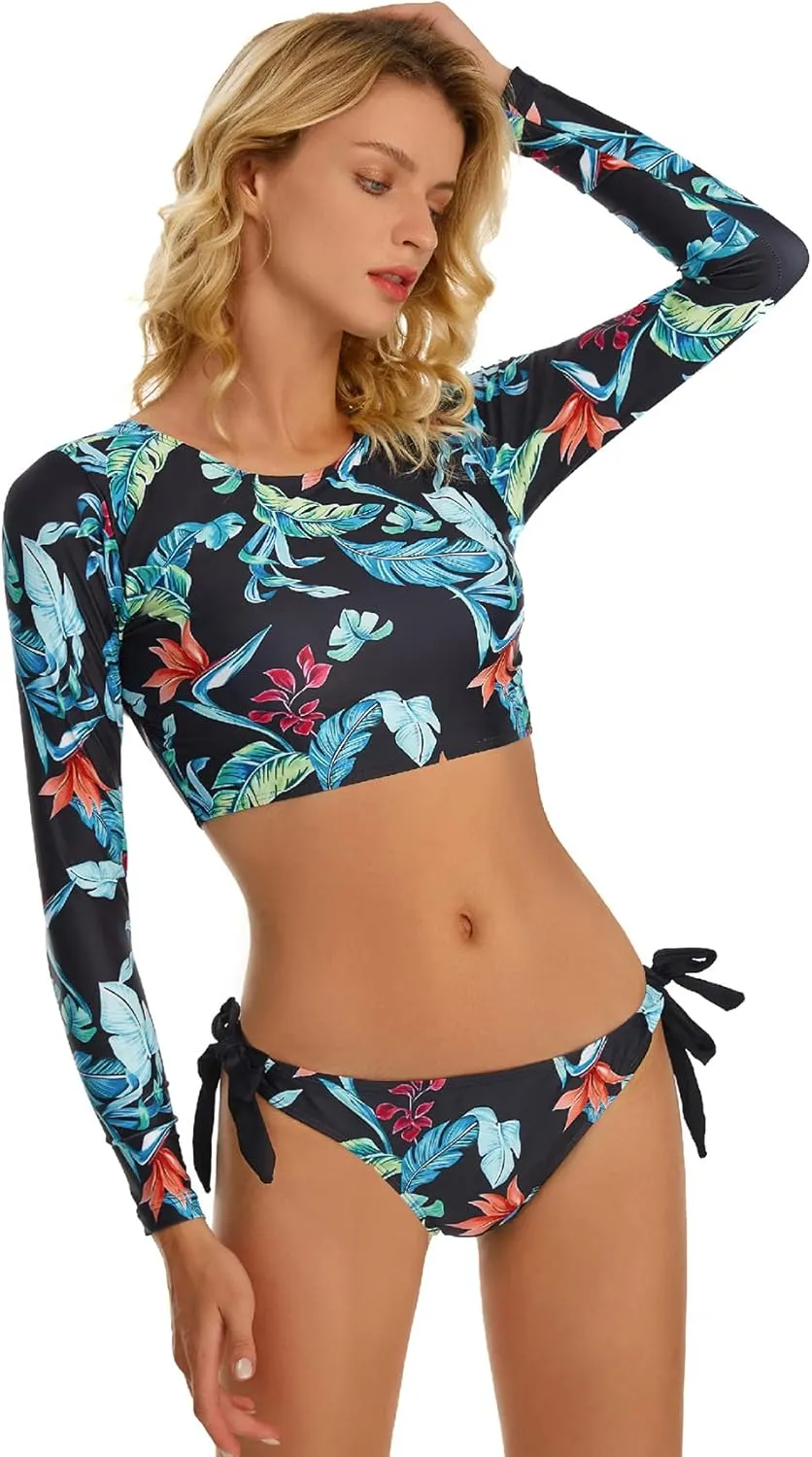 FEOYA Women Long Sleeve Swimsuit UV Sun Protection Rash Guard Two Piece Printed Surfing Swim Bathing Suit