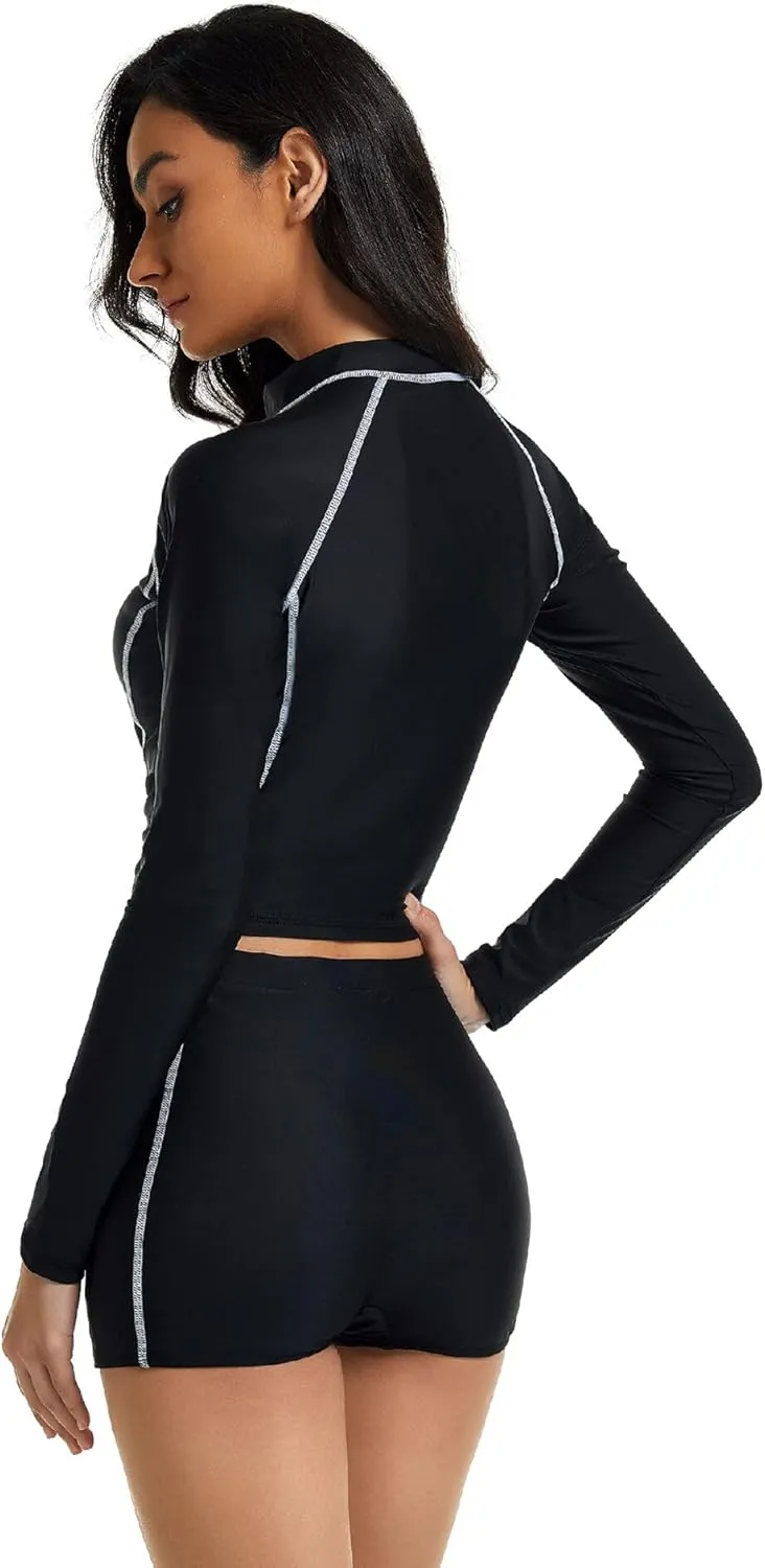 FEOYA Women Long Sleeve Swimsuit UV Sun Protection Rash Guard Two Piece Printed Surfing Swim Bathing Suit