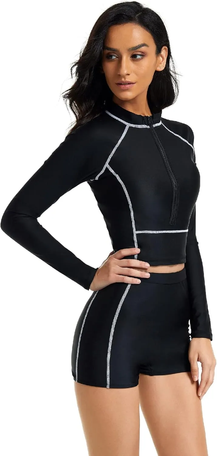 FEOYA Women Long Sleeve Swimsuit UV Sun Protection Rash Guard Two Piece Printed Surfing Swim Bathing Suit