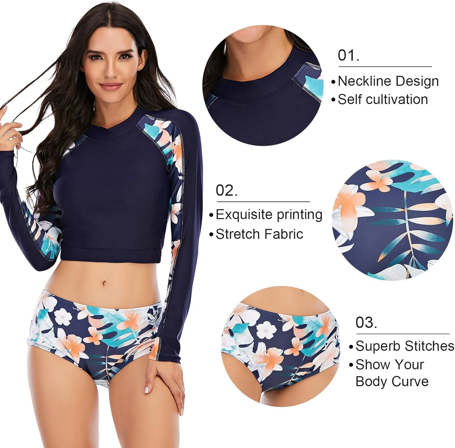 FEOYA Women Long Sleeve Swimsuit UV Sun Protection Rash Guard Two Piece Printed Surfing Swim Bathing Suit