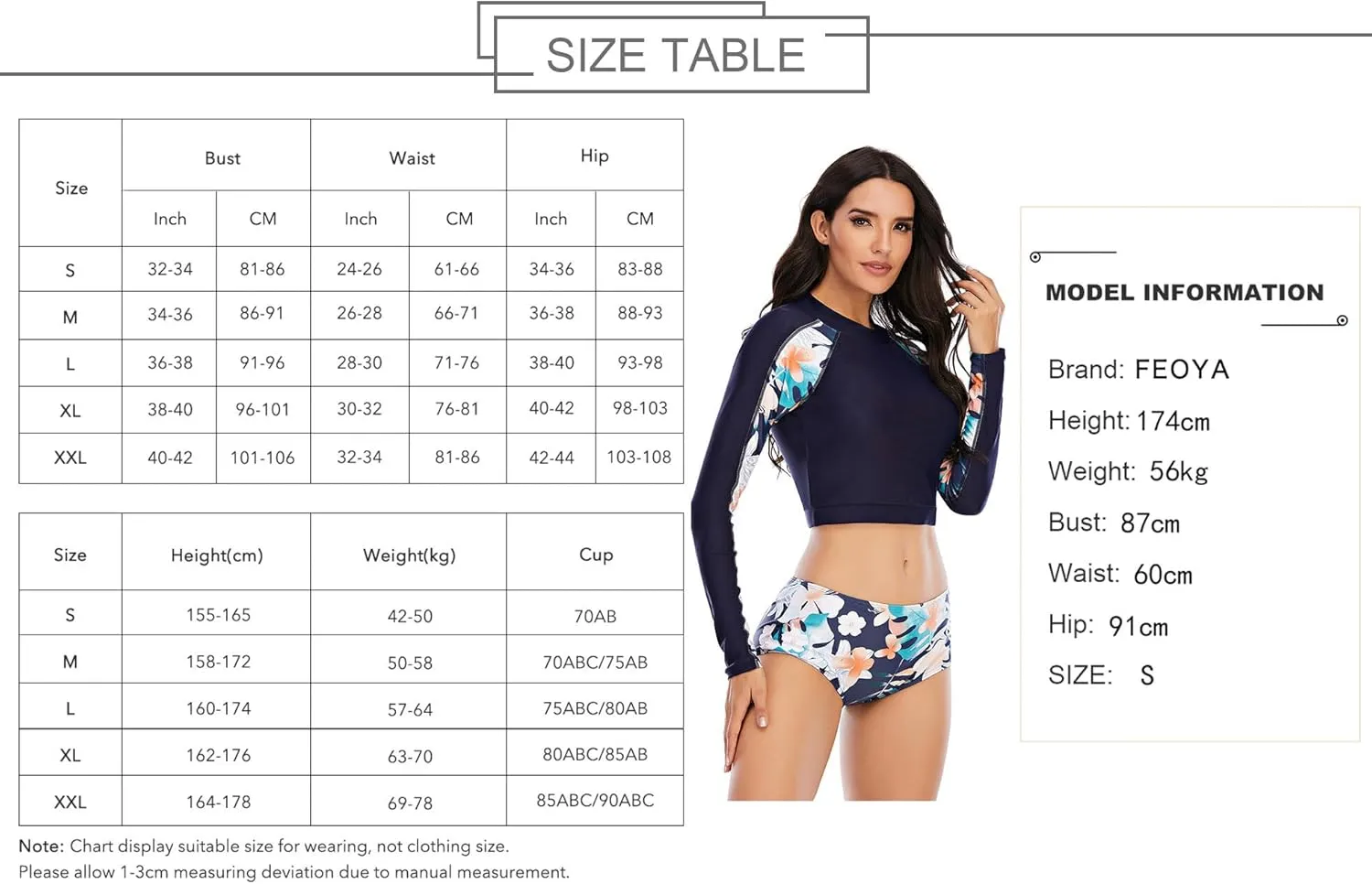FEOYA Women Long Sleeve Swimsuit UV Sun Protection Rash Guard Two Piece Printed Surfing Swim Bathing Suit