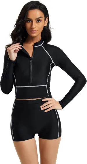 FEOYA Women Long Sleeve Swimsuit UV Sun Protection Rash Guard Two Piece Printed Surfing Swim Bathing Suit
