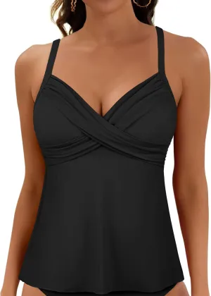 Firpearl Women's Underwire Tankini Top Only Twist V Neck Swimsuits for Big Busted Loose Fit Bathing Suit Tops