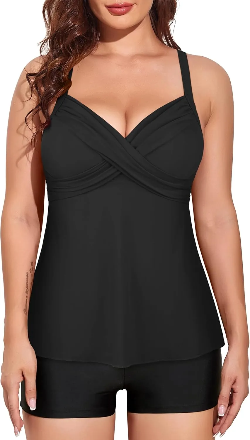 Firpearl Women's Underwire Tankini Top Only Twist V Neck Swimsuits for Big Busted Loose Fit Bathing Suit Tops