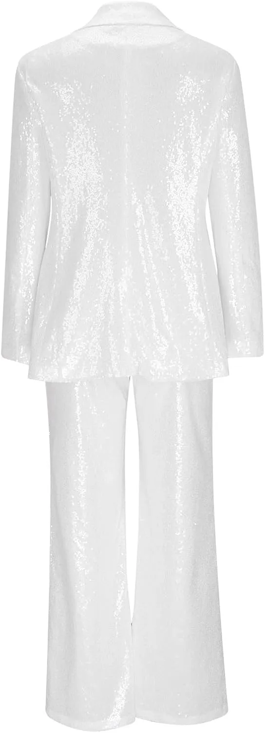 Firzero Blazer Sets Women 2 Piece Outfits Fall Sequin Solid Color Blazer Jacket and Wide Leg Pants Pockets Business Suit