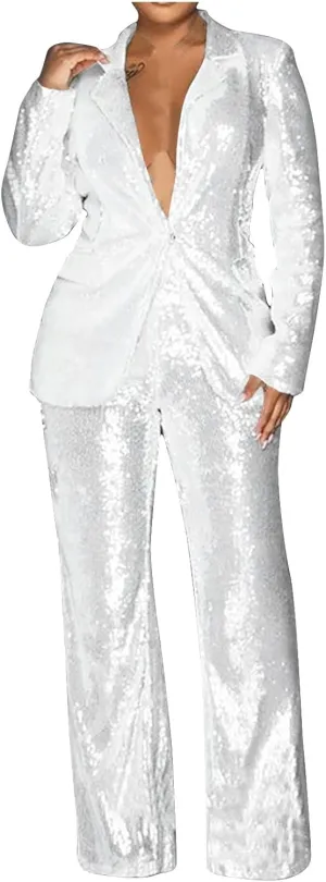 Firzero Blazer Sets Women 2 Piece Outfits Fall Sequin Solid Color Blazer Jacket and Wide Leg Pants Pockets Business Suit