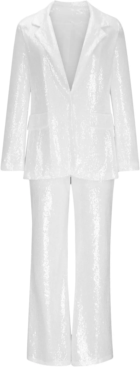 Firzero Blazer Sets Women 2 Piece Outfits Fall Sequin Solid Color Blazer Jacket and Wide Leg Pants Pockets Business Suit