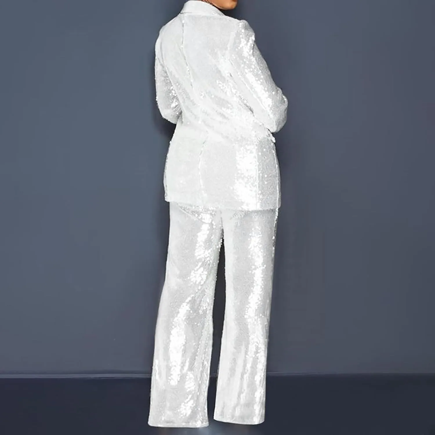 Firzero Blazer Sets Women 2 Piece Outfits Fall Sequin Solid Color Blazer Jacket and Wide Leg Pants Pockets Business Suit