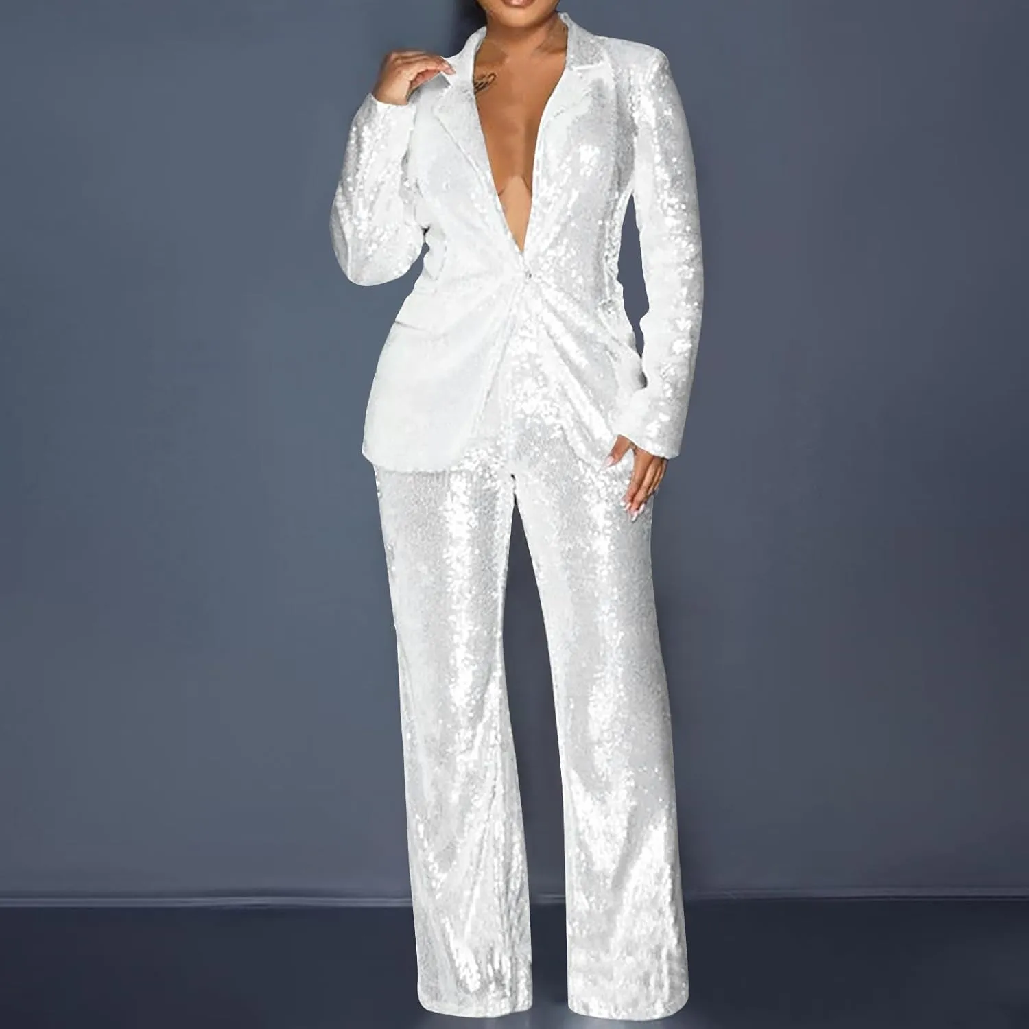 Firzero Blazer Sets Women 2 Piece Outfits Fall Sequin Solid Color Blazer Jacket and Wide Leg Pants Pockets Business Suit
