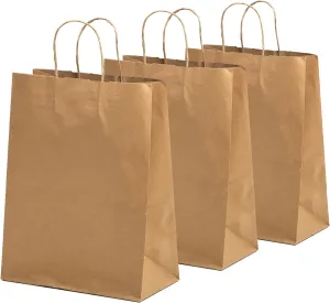 FMP Brands 100 Pack 10x5x13 Inches Kraft Paper Gift Bags with Handles Bulk, Durable Brown Paper Bags for Party Favors, Craft Gift Bag for Birthday Packaging, Small Business and Shopping Lunch