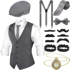 Foaincore 1920s Mens Costume 20s Accessories Outfit with Gangster Vest Hat Vintage Pocket Watch Suspenders