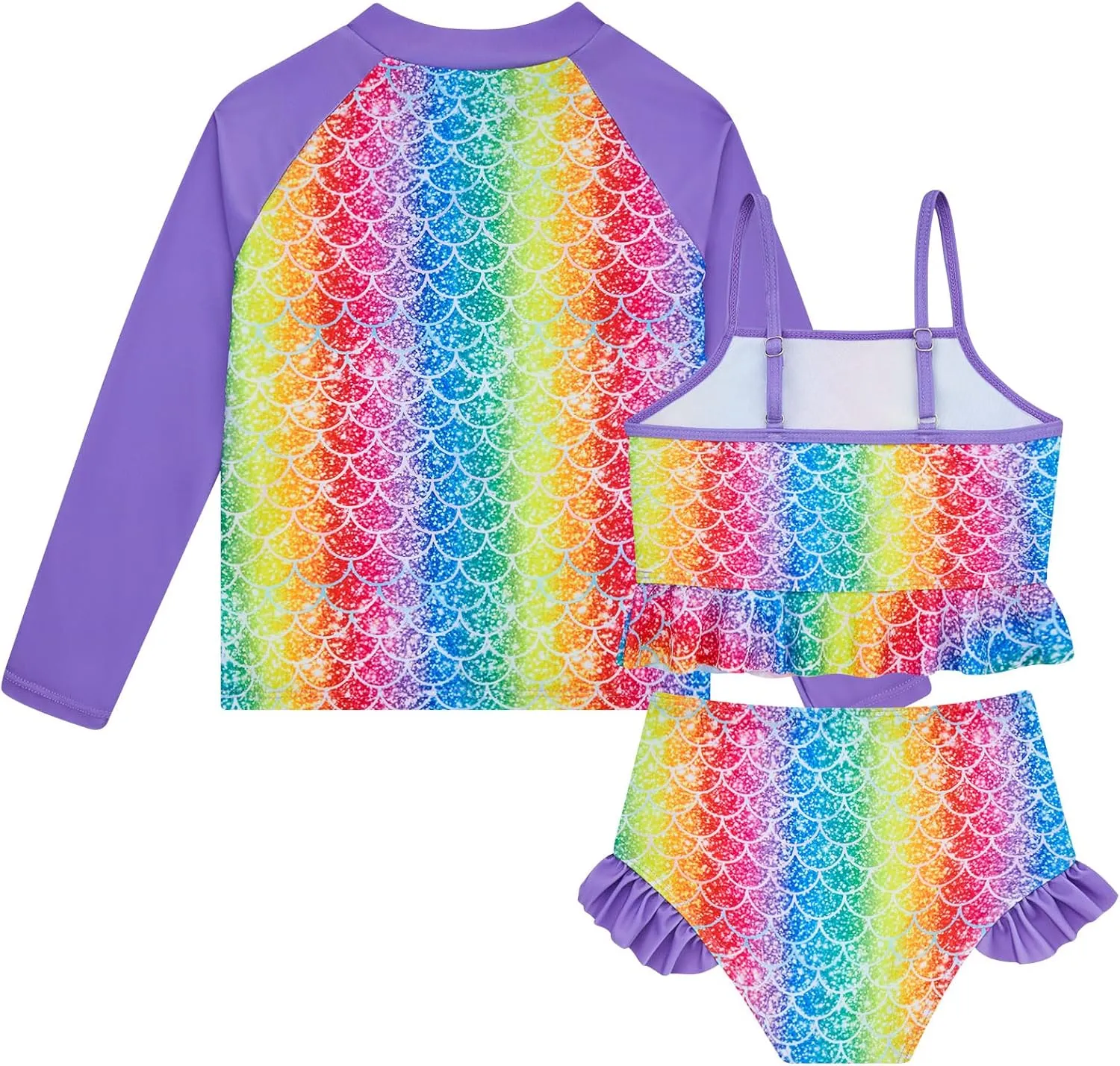 Funnycokid Girls Swimsuit Kids Bathing Suit Rashguard Swimwear Long Sleeve 3 Piece Toddler 3-7 Years