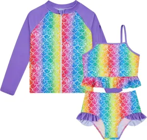 Funnycokid Girls Swimsuit Kids Bathing Suit Rashguard Swimwear Long Sleeve 3 Piece Toddler 3-7 Years