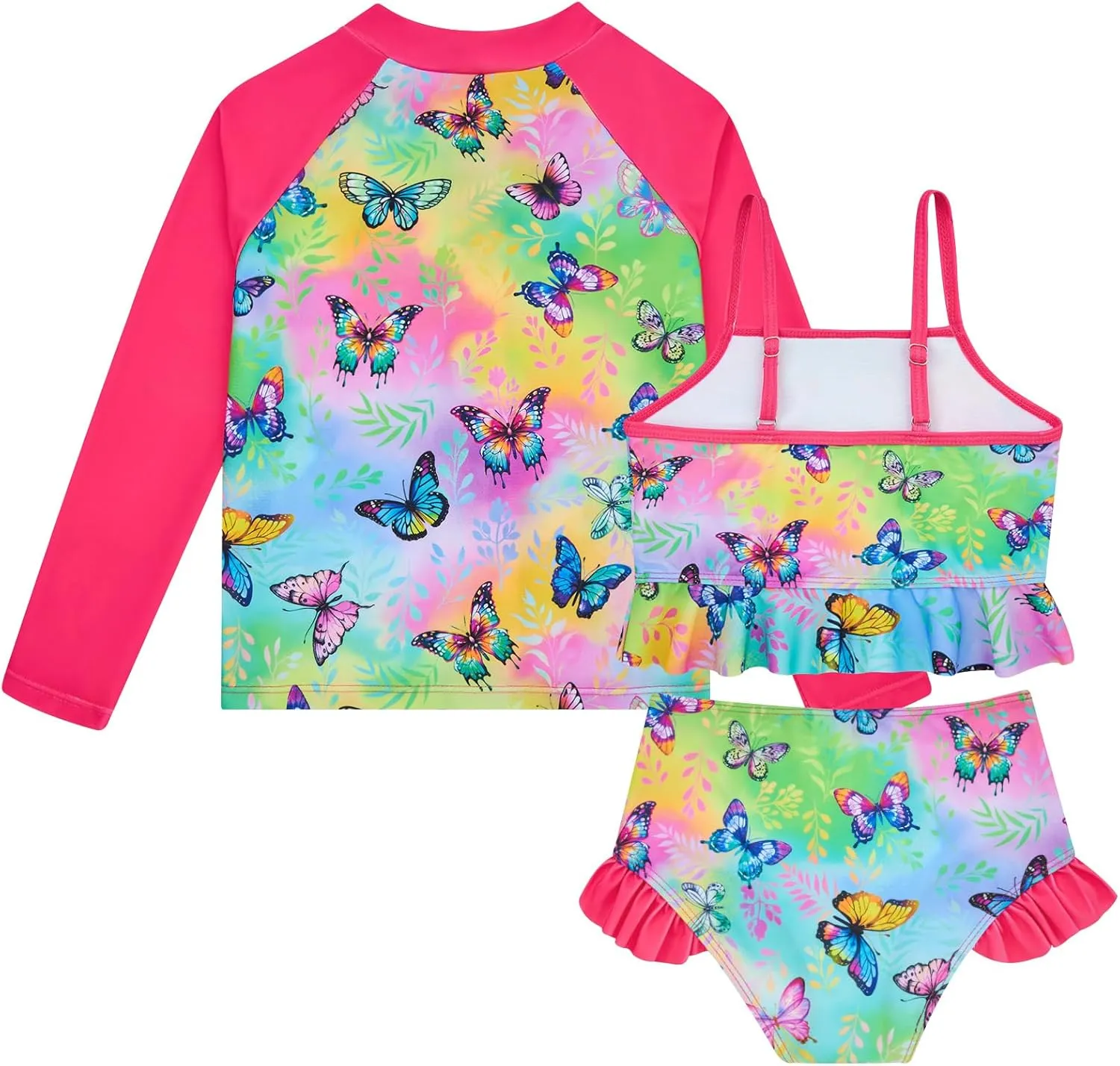 Funnycokid Girls Swimsuit Kids Bathing Suit Rashguard Swimwear Long Sleeve 3 Piece Toddler 3-7 Years