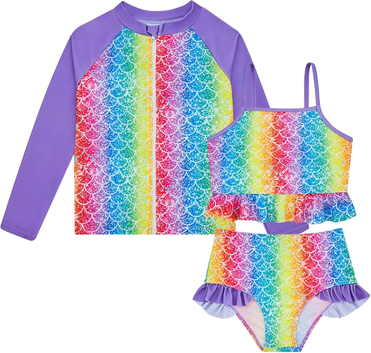 Funnycokid Girls Swimsuit Kids Bathing Suit Rashguard Swimwear Long Sleeve 3 Piece Toddler 3-7 Years