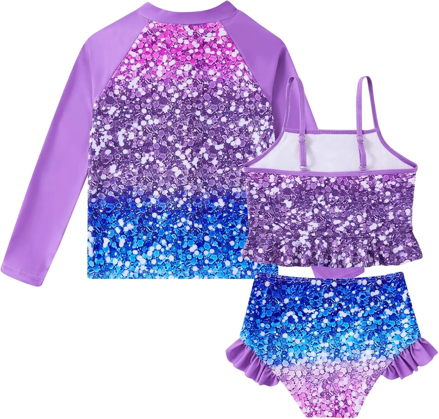 Funnycokid Girls Swimsuit Kids Bathing Suit Rashguard Swimwear Long Sleeve 3 Piece Toddler 3-7 Years