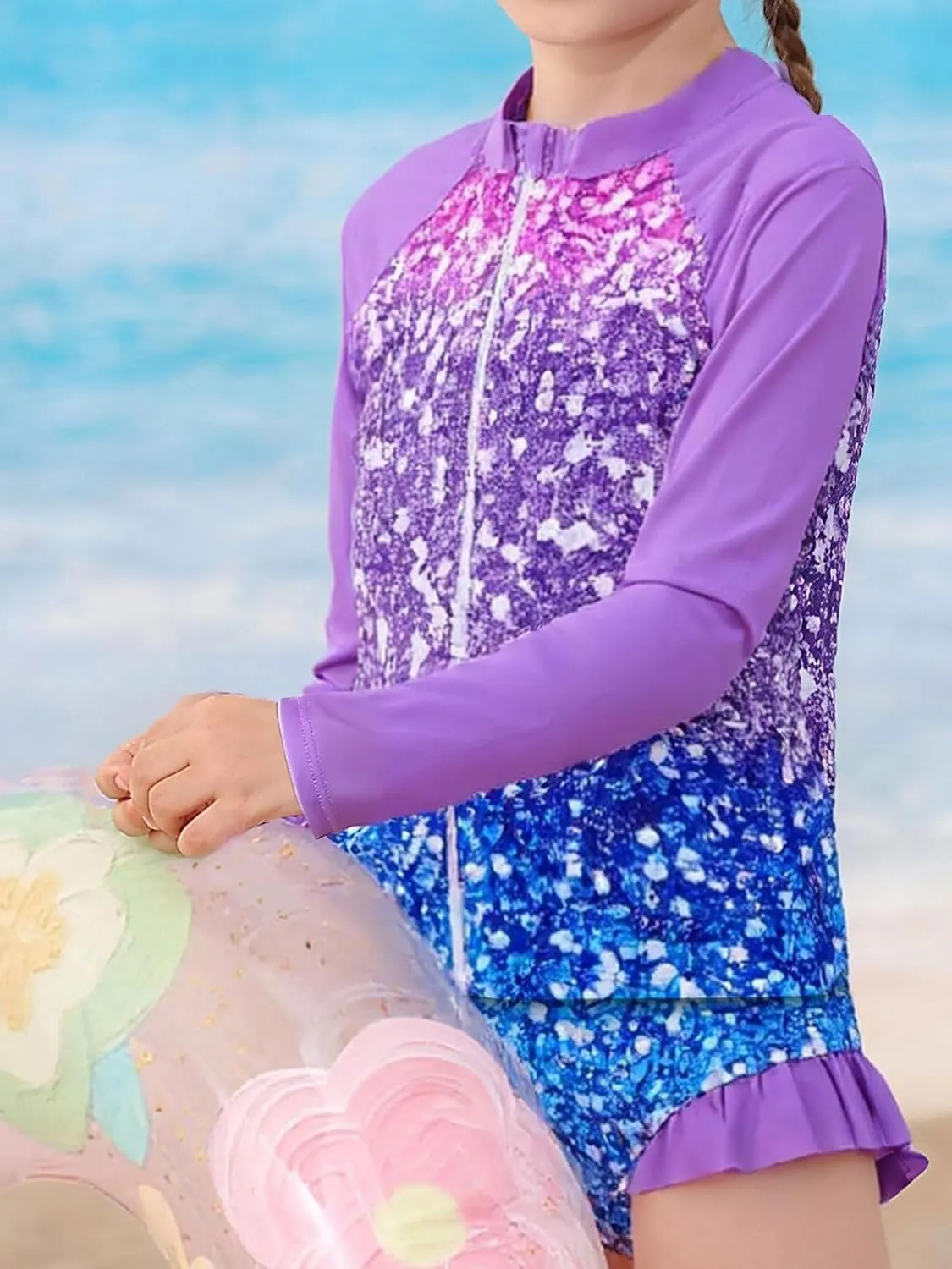 Funnycokid Girls Swimsuit Kids Bathing Suit Rashguard Swimwear Long Sleeve 3 Piece Toddler 3-7 Years