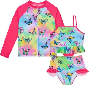 Funnycokid Girls Swimsuit Kids Bathing Suit Rashguard Swimwear Long Sleeve 3 Piece Toddler 3-7 Years