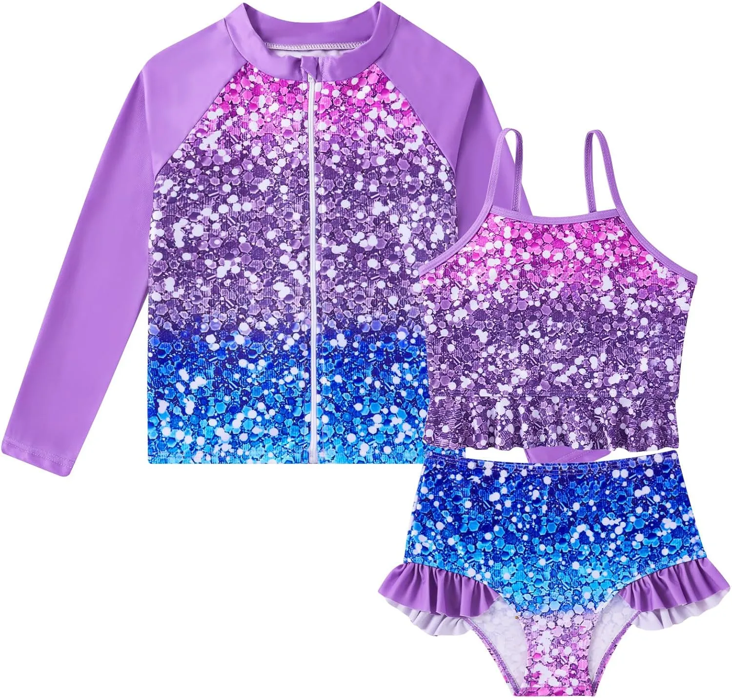Funnycokid Girls Swimsuit Kids Bathing Suit Rashguard Swimwear Long Sleeve 3 Piece Toddler 3-7 Years